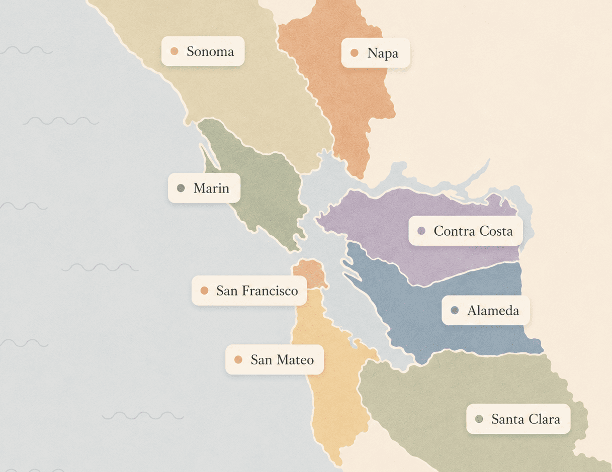 Map of the San Francisco Bay Area counties served